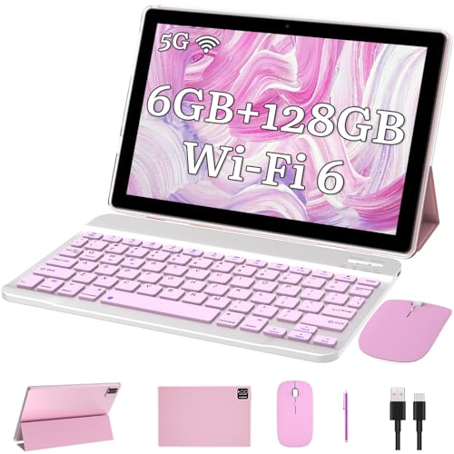 2 in1 Tablet with Keyboard Android Tablet 10 Inch Tablets, Include Mouse Case Stylus 5G-WiFi WiFi-6 128GB ROM+6GB RAM 10 in IPS 2MP+8MP Dual Camera 6000mAh Battery 10.1