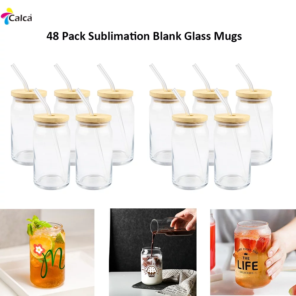 CALCA 48 Pack 16oz Sublimation Blank Beer Glasses Clear Coke Can Shaped Glass Cups Bottles with Bamboo Lid and Glass Straw