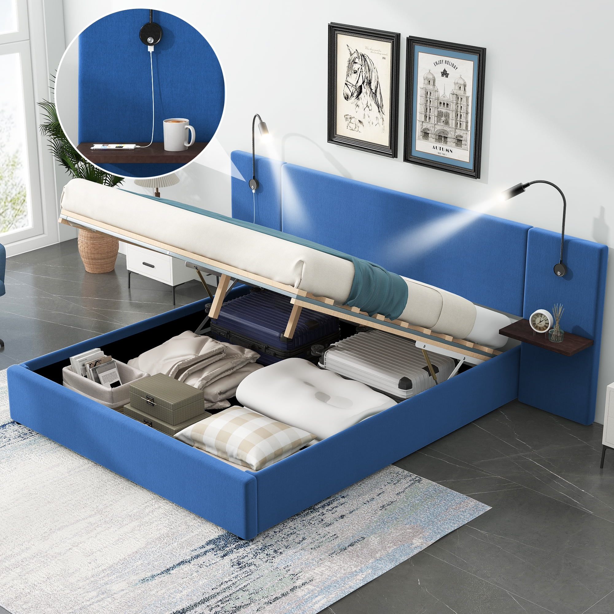BELLEMAVE Full Size Upholstered Hydraulic Platform Bed with 2 Shelves,2 Lights and 4 USB Ports for Small Space,Modern Upholstered Bed Frame for Bedroom Guestroom,Large Storage Space, Blue