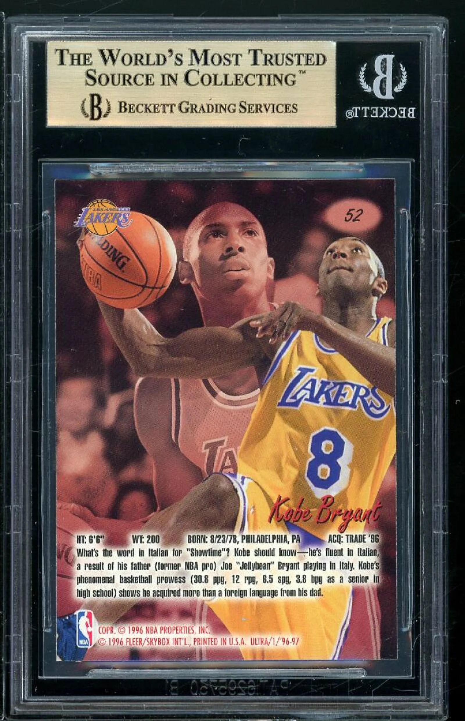 Kobe Bryant Rookie Card 1996-97 Ultra #52 BGS 9.5 (9.5 9 9.5 9.5)