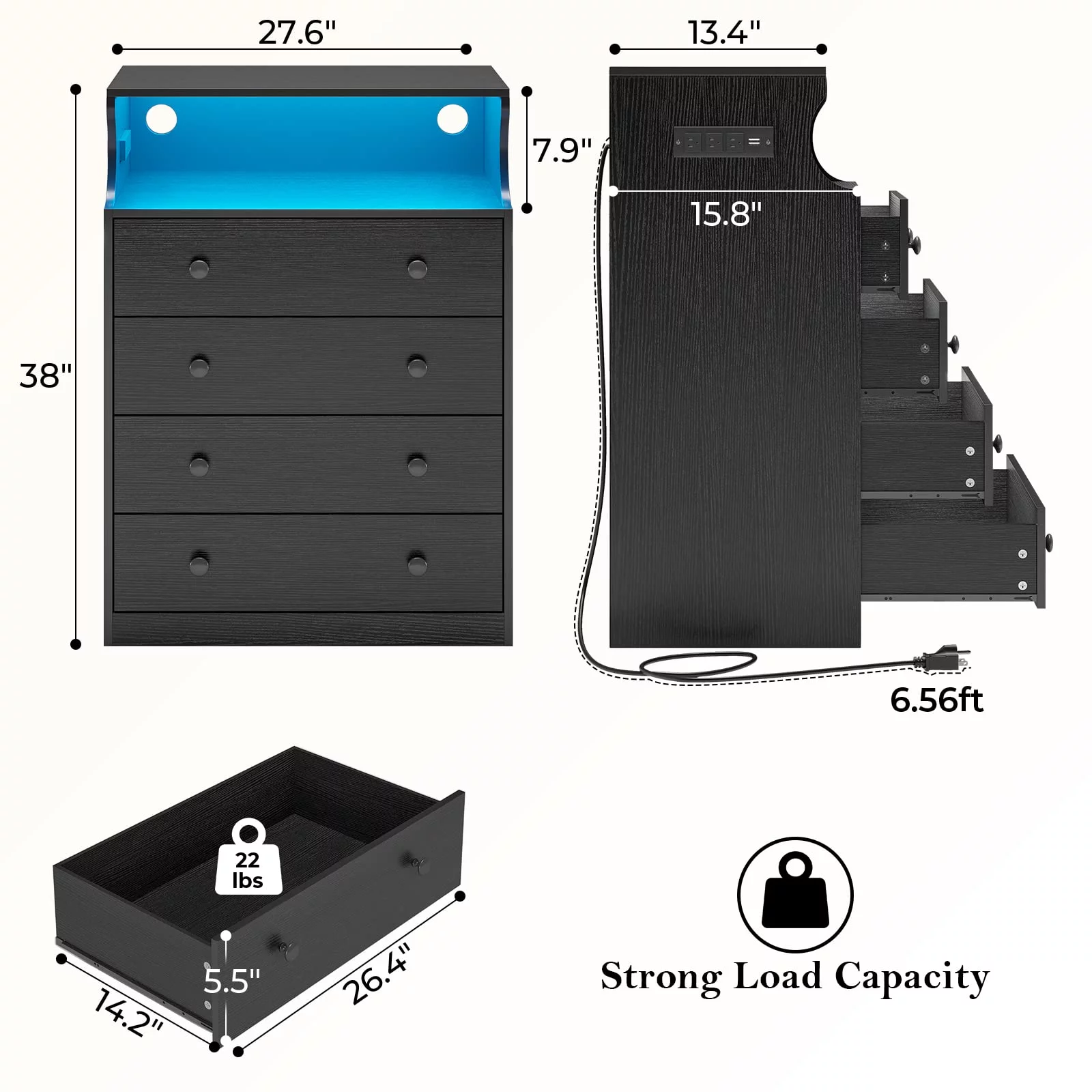 4 Drawer Dresser with LED Lights and Charging Station,Modern Black Storage Cabinet with Open Shelves,Dresser for Bedroom
