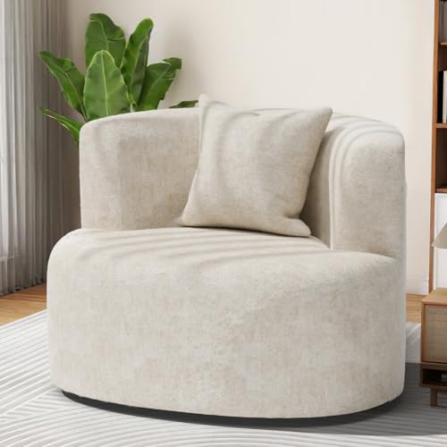 360° Modern Swivel Accent Chair, Comfy Swivel Barrel Chair, Upholstered Round Chair with Pillow, Round Reading Chair for Living Room, Nursery, Bedroom, Gray
