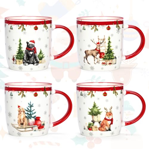Homlouue Christmas Mugs Set of 4, Xmas Coffee Mugs, Holiday Mug, Merry Christmas Mug, Holiday Decorations Ornaments, Xmas Gifts for Friends Family Coworker, 11 Oz