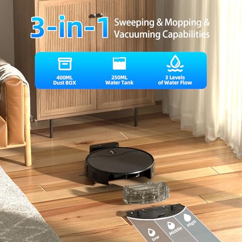 Robot Vacuum and Mop Combo, Robot Vacuum Cleaner, 6 Cleaning Modes, Large Capacity Water Tank Dustbin, Self-Charging, WiFi/App/Alexa, Ideal for Hard Floor, Carpet, Pet Hair