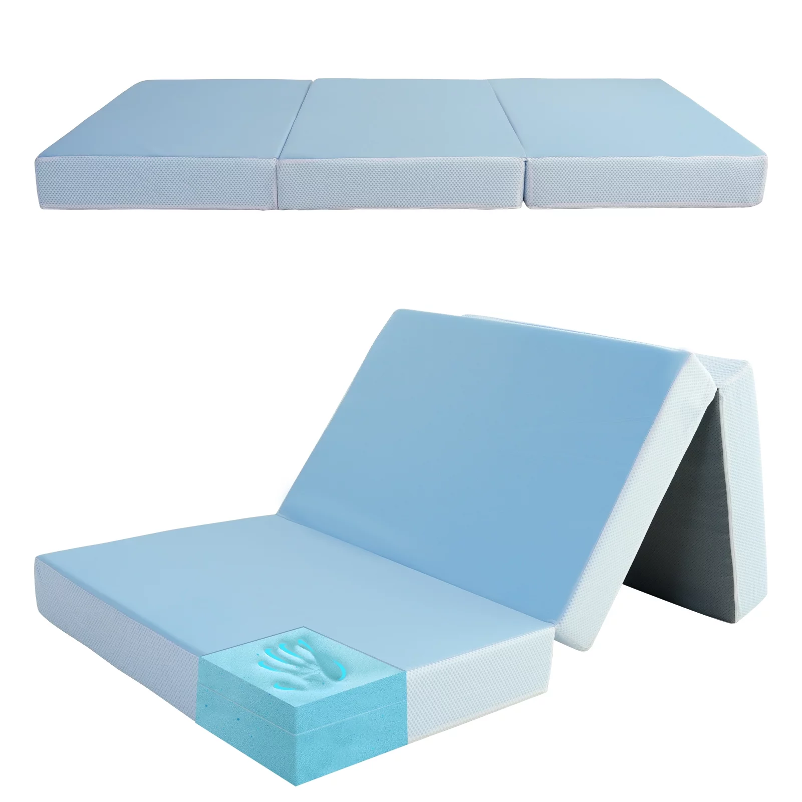 BYBYME 6 inch Folding Mattress, Cooling Memory Form Portable Trifold Mattress with Washable Cover and Non-Slip Bottom,Breathable Mesh Soft Portable Floor Mattress for Camping,Car, Guest,Blue,Twin