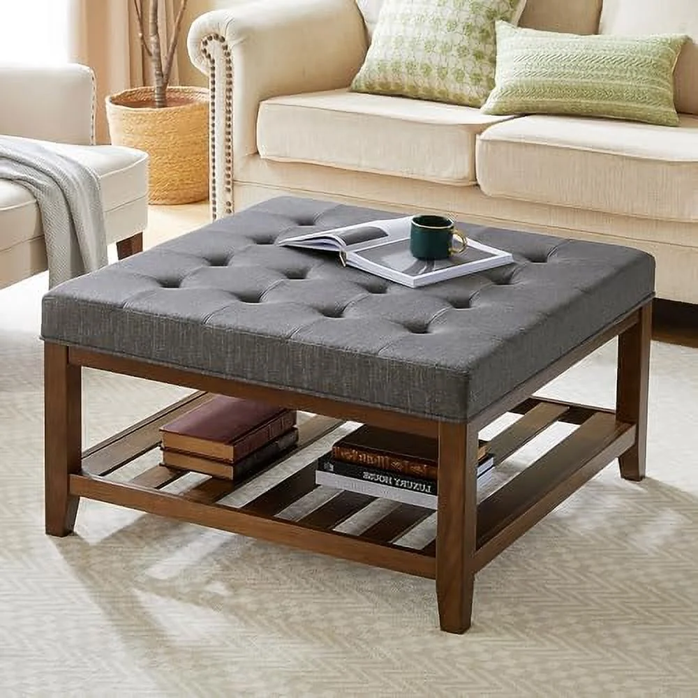 TJUNBOLIFE Square Ottoman Coffee Table with   Button Tufted Upholstered Linen Coffee Table for Living Room  Farmhouse Mid Century Modern Wooden Stool Footrest Ottoman with Wood   Light Be