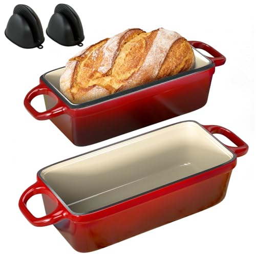 2 IN 1 Cast Iron Bread Loaf Pan with Lid, 3.4QT 9x5 Inch Dutch Oven for Bread Baking, Even Heating Bread Oven, Enameled Bread Pan for Homemade Sourdough Bread Baking & Versatile Cooking, Blue