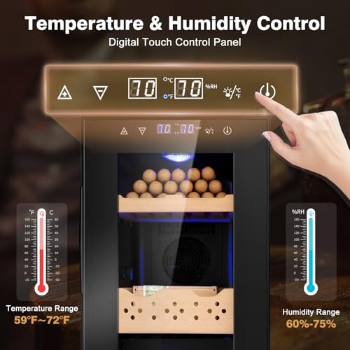 Electric Cigar Humidor Cabinet, 25L Cooler with Temperature and Humidity Control, Spanish Cedar Wood Shelves and Safety Lock (170 Counts Capacity)