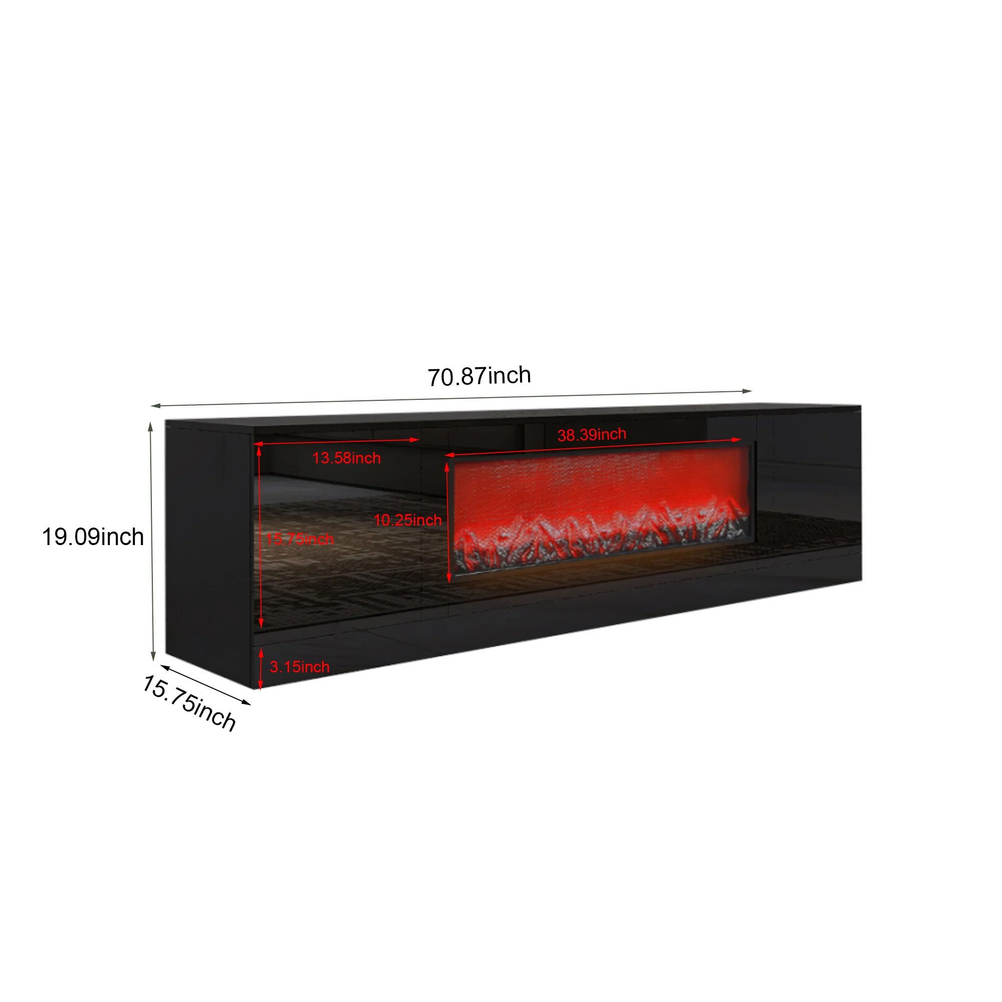 Modern Black Electric Fireplace TV Stand - Wood Texture, High Glossy Surface - No Heating, Removable Partition (1 Box)