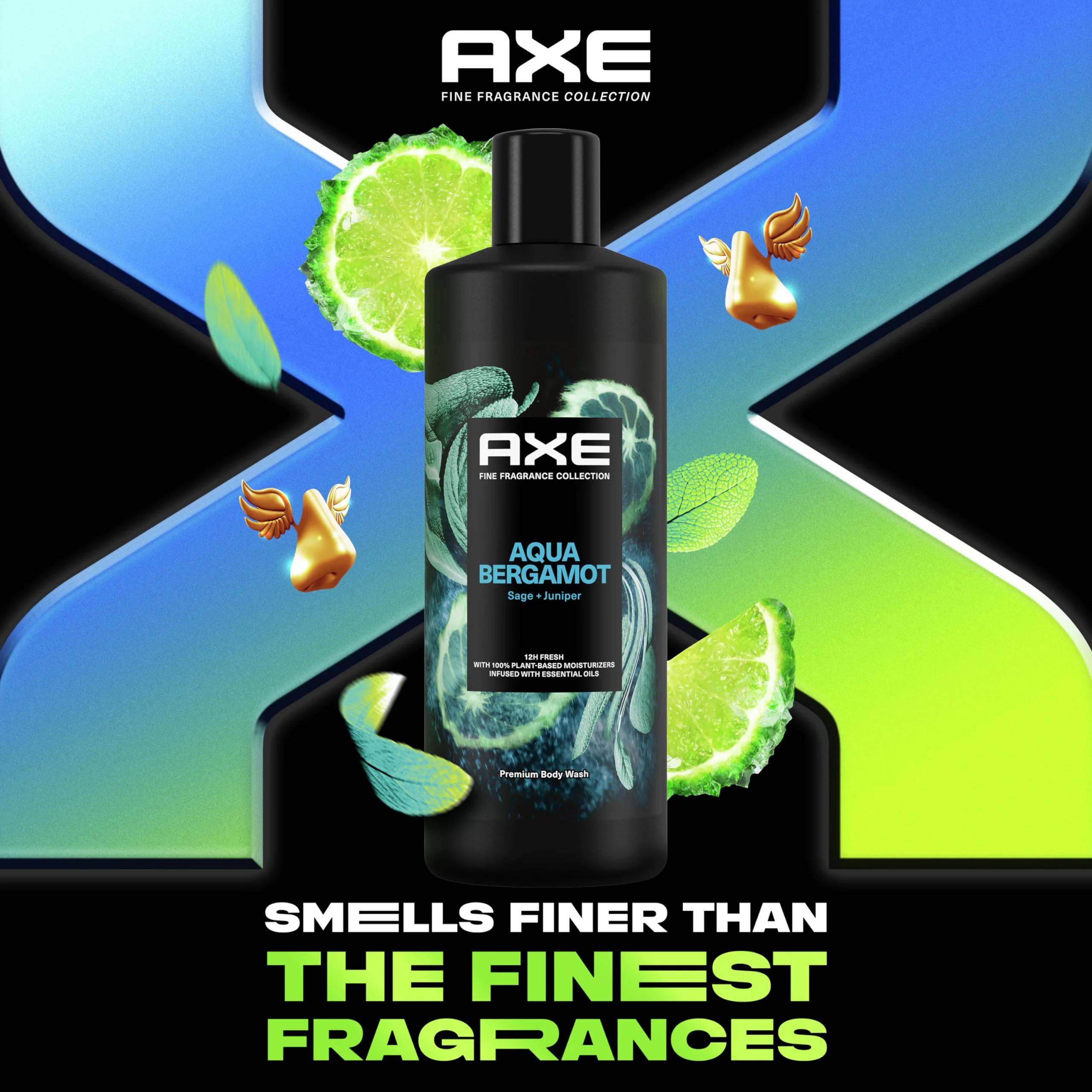 Axe Fine Fragrance Collection Body Wash For Men Aqua Bergamot 12H Refreshing Scent Shower Gel Infused With Bergamot, Sage, And Juniper Essential Oils 18 Oz
