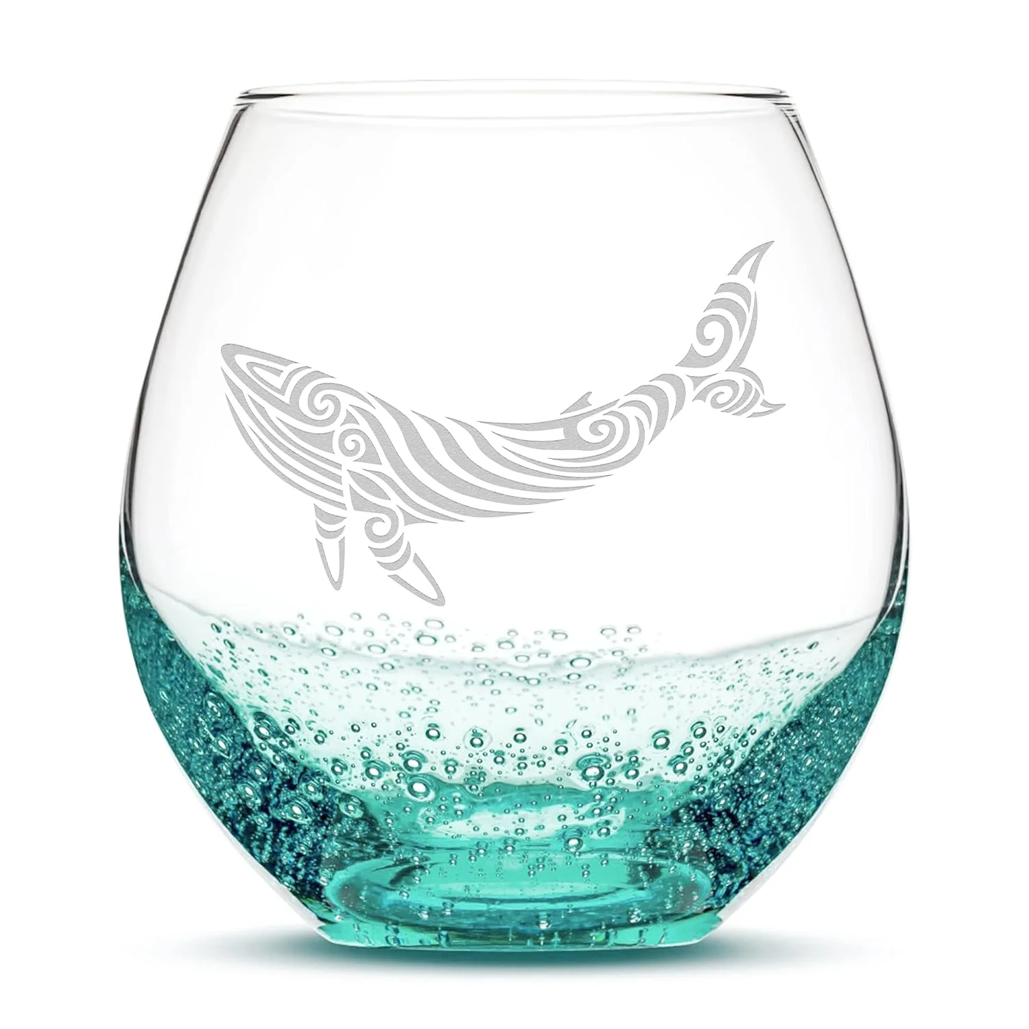 Premium Whale Stemless Wine Glass, Handblown, Tribal Design, Hand Etched Gifts, Sand Carved (Bubble Sea Foam Green)