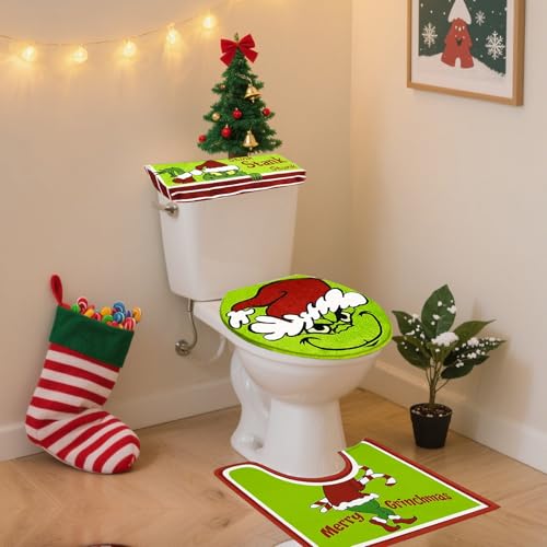 Christmas Decorations - Grinch Toilet Seat Cover Xmas Bathroom Sets - Christmas Decor Toilet Seat Cover and Rug for Indoor Home Bathroom Set of 4