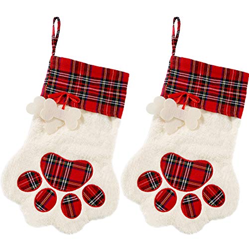 Jetec 2 Pieces 17.7 Inch Christmas Pet Stockings Cat Dog Paw Pattern Buffalo Plaid Fireplace Hanging Stockings for Christmas Fireplace Tree Decoration(Red)