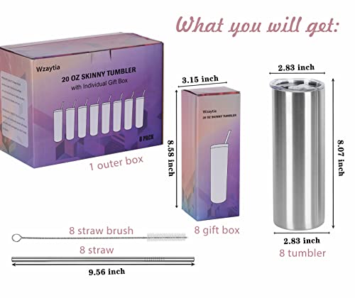 20 Oz Stainless Steel Straight Skinny Tumbler Set (8 Pack), Insulated Slim Thin Travel Cup with Lid, Black