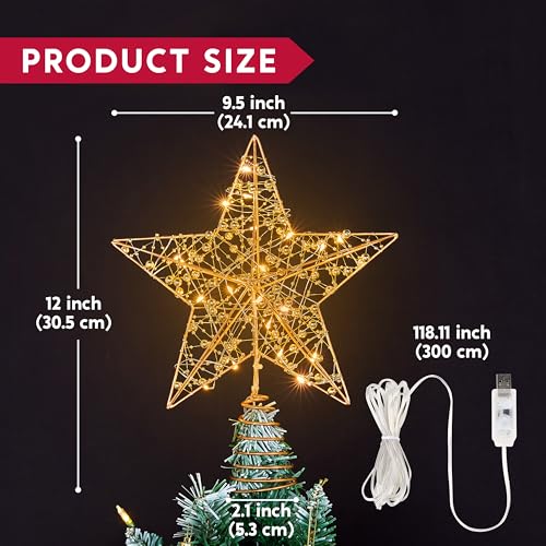JOIEDOMI 9.5inch Metal Beaded Christmas Star Tree Topper, 20LED Warm White Lights Golden Tree Topper, USB Powered Remote Control for Christmas Tree Decorations Home Holiday Party Indoor Decor