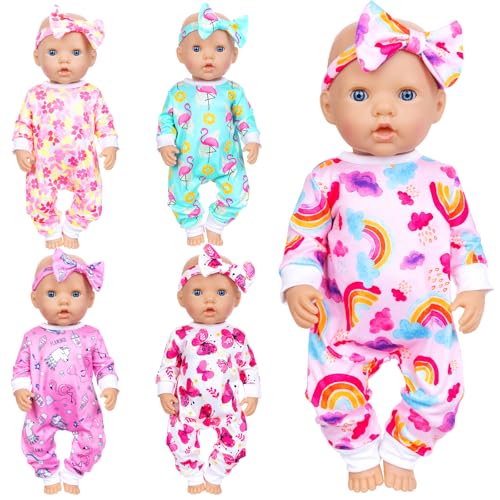 Ecore Fun 5 Sets Baby Doll Clothes and Headbands Baby Doll Accessories Set for 14 -16 Inch Doll, Total 10 pcs Cute Pattern Jumpsuit Doll Clothes and Accessories for 15 Inch Baby Dolls 18 Inch Dolls