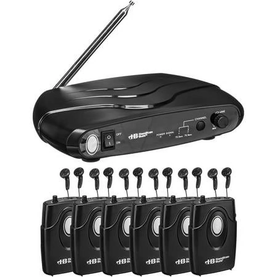 ALS700 Assistive Listening Dual Frequency System, Includes Transmitter, 6x Receiver, 6x Earbuds, Carrying Case