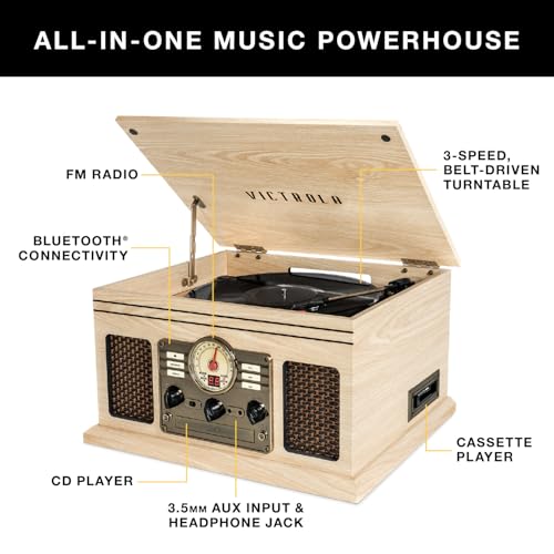 Victrola The Quincy 6-in-1 Bluetooth Record Player & Multimedia Center with Built-in Speakers – 3-Speed Turntable, CD & Cassette Player, AM/FM Radio, Wireless Music Streaming (Natural)