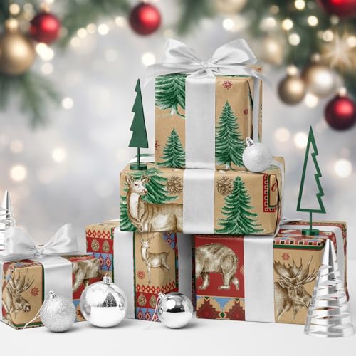RUSPEPA Christmas Kraft Wrapping Paper - Owl, Reindeer, Christmas Ball and Text Design - 4 Rolls - 30 inches x 10 feet per Roll