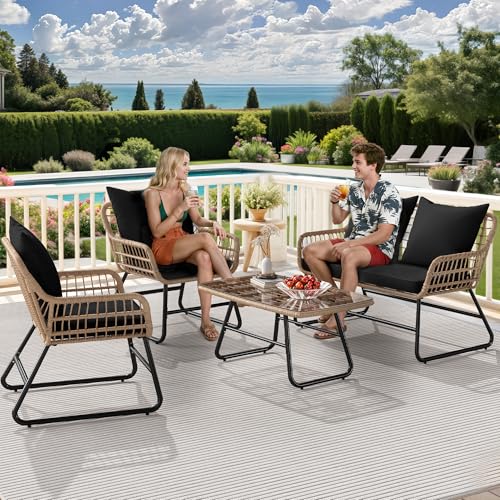 YITAHOME 4 Piece Patio Furniture Set, Wicker Outdoor Bistro Set, All Weather Rattan Patio Conversation Set with Soft Cushions and Glass Side Table for Backyard, Balcony, Deck - Navy Blue