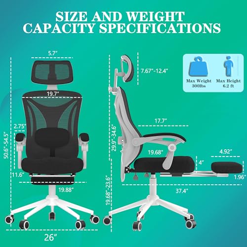 Ergonomic Office Chair - Adjustable Lumbar & Headrest, 90-160° Reclining with Footrest, Breathable Mesh Back - Home Office/Gaming Computer Chair (Black, 300lbs Capacity)