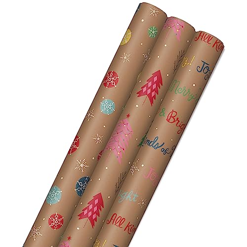 Hallmark Christmas Wrapping Paper Rolls, Brown Kraft Holiday Gift Wrap (Pack of 3: 90 sq. ft. ttl) Snowflakes, Pink Trees, 