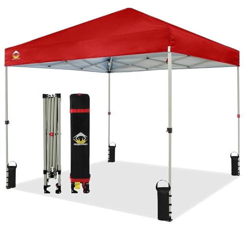 CROWN SHADES 10x10 Pop Up Canopy - Beach Tent with One Push Setup - Easy Outdoor Sun Shade for Events, Parties, Camping - Gazebo with STO-N-Go Cover Bag, Silver Coated Top, White