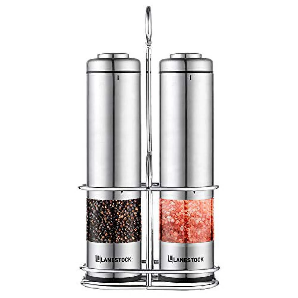 Electric Salt and pepper grinder by Lanestock - Combo set of battery operated stainless steel spice grinders with stand - LED light and adjustable knob on each mill - Powerful motor - long life-s