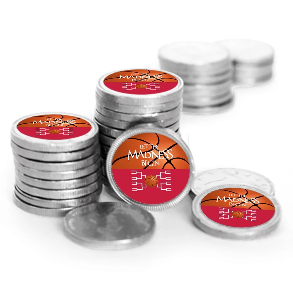 84ct Basketball Party Candy Favors Chocolate Coins Let the Madness Begin, Silver Foil (84 Count) - Red