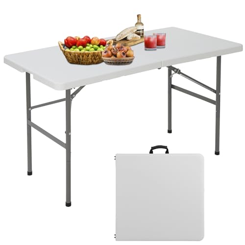 Plastic Folding Table, 4FT Heavy Duty Picnic Table with Carrying Handle, Portable Lock for Banquet Indoor Outdoor Camping, White