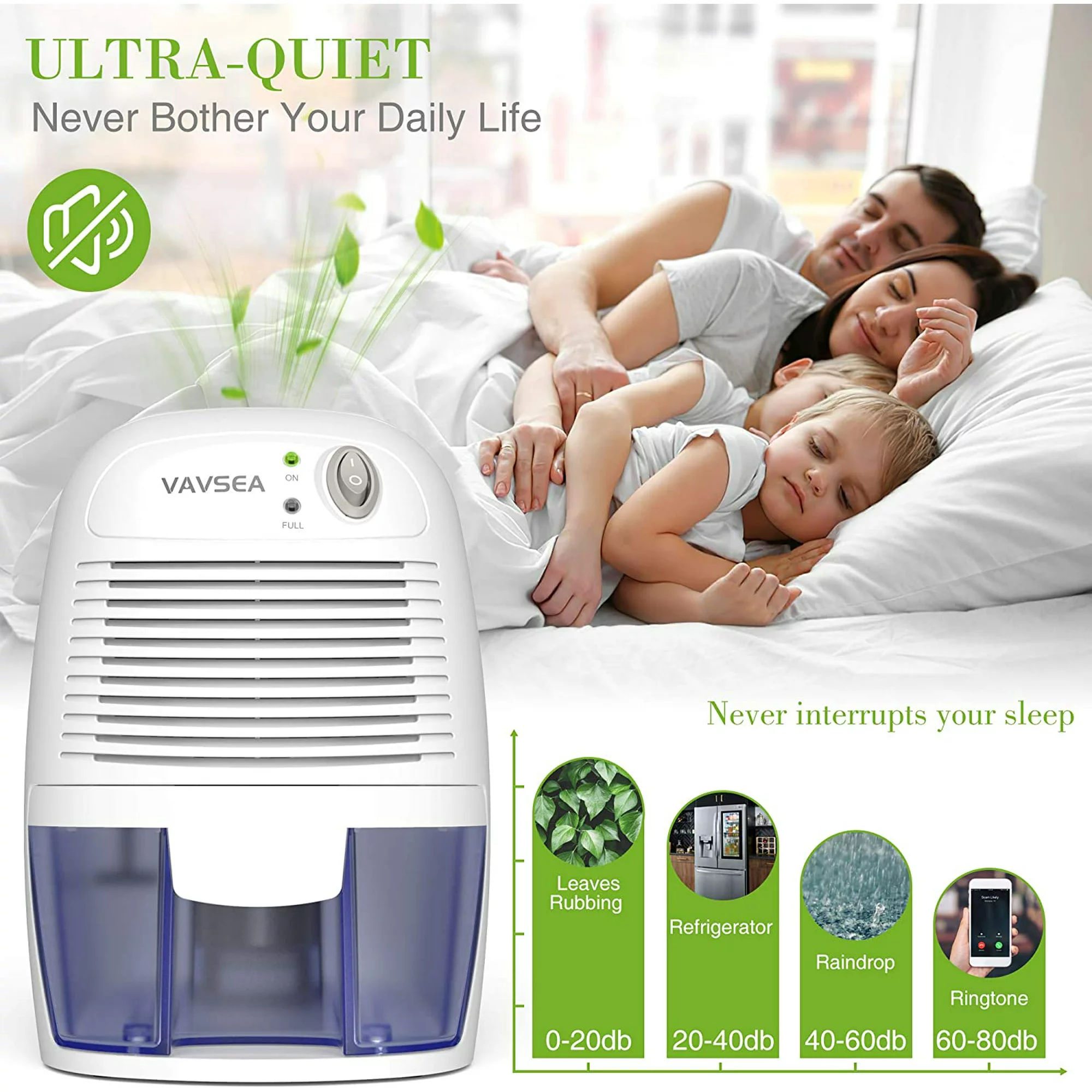 VAVSEA DH500A Electric Dehumidifier, 1200 Cubic Feet (215 sq ft) Small Dehumidifier, Portable Mini Dehumidifier with Auto Shut off, Quiet Air Dehumidifier