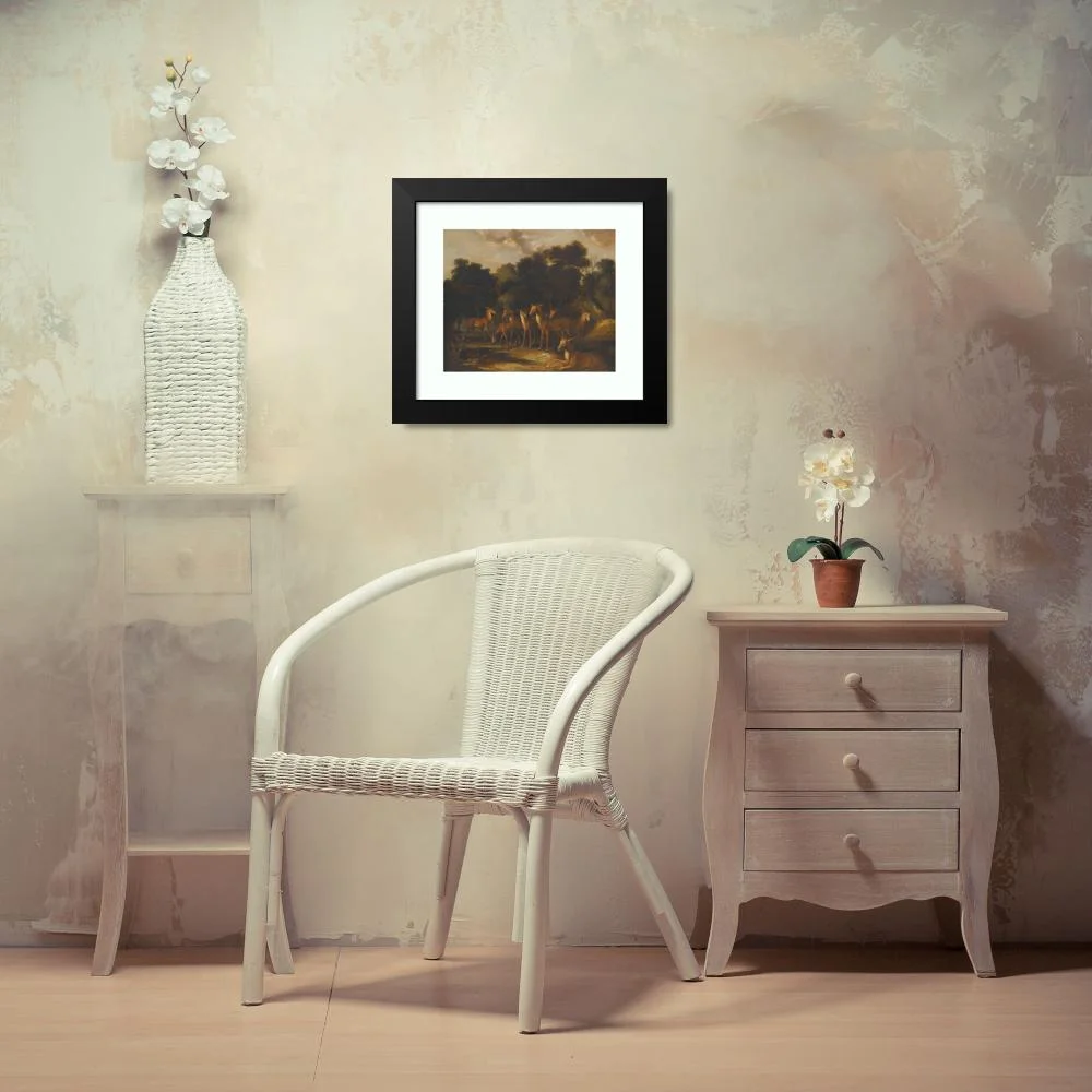 French School 14x12 Black Modern Framed Museum Art Print Titled - Deer Standing in a Clearing at a Waterhole (Early 18th Century)