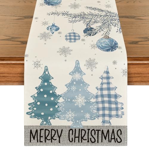 Artoid Mode Red Pine Trees Merry Christmas Table Runner, Winter Xmas Holiday Kitchen Dining Table Decoration for Home Party Decor 13x72 Inch
