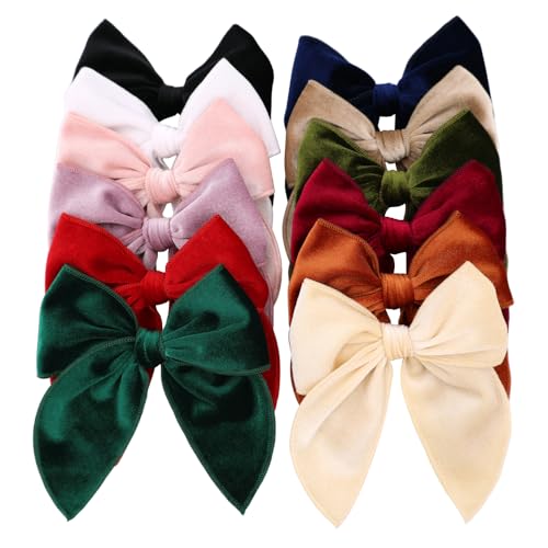 12 PCS Large Fable Bow Hair Clip for Little Girl Kids Linen Velvet Hair Bows Barrettes Alligator Clips Baby Mom Women Hair Accessories (Velvet 12 PCS)