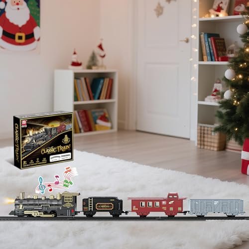 JUQU Christmas Train Set for Kids Ages 3-8 – Remote Control Electric Train with Steam, Lights, Sounds & 4 Cars, Rechargeable Model Toy Train Set with Tracks for Around or Under Christmas Tree Gift