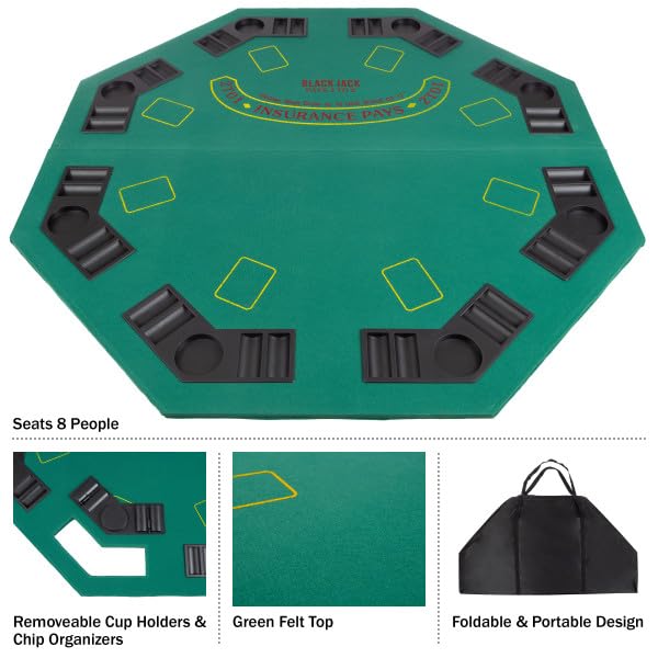 Folding Poker Table Top – 48-Inch Solid Wood Topper – Space for 8 Players – Blackjack Table with Built-in Cupholders and Chip Trays by Trademark Poker