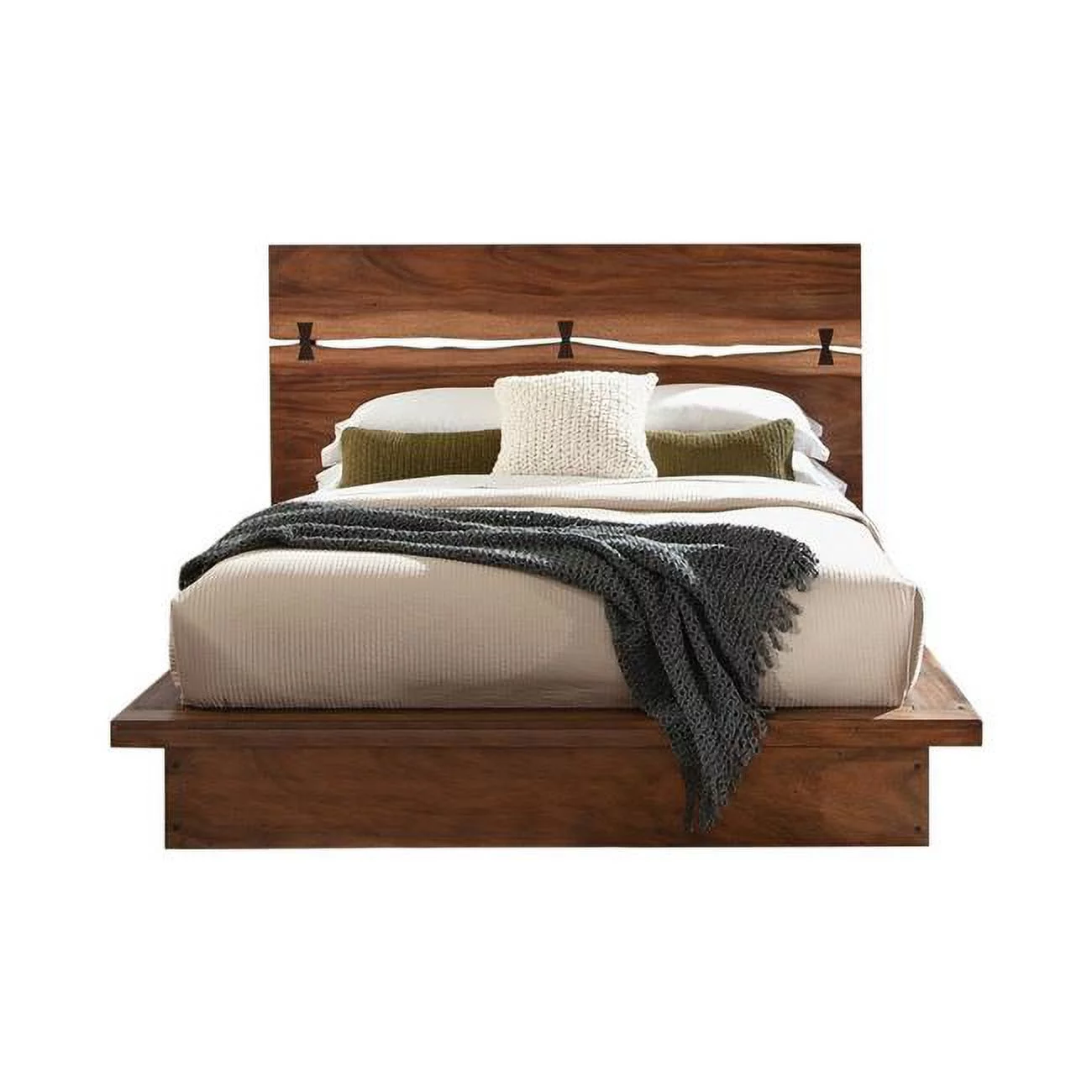 Wood Zeko King Size Platform Plinth Bed with Natural Edge, Walnut Brown