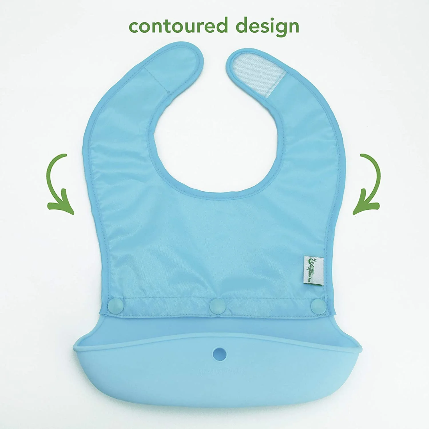 green sprouts Snap & Go Silicone Food-Catcher Bib | Soft, Waterproof Top + Silicone Scoop |Roll Up for Easy Travel |Made Without PVC, Formaldehyde, AZO Dyes
