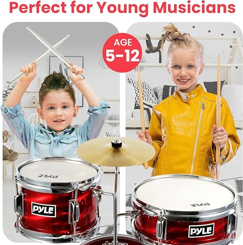 Pyle Kids Drum Set, 3 Piece Beginner Junior Drummer Kit with 13
