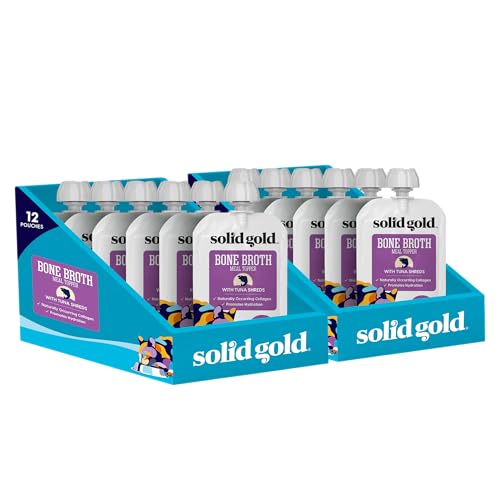 Solid Gold Bone Broth Cat Food Topper - Limited Ingredient Lickable Cat Broth Pouches w/Chicken Protein Shreds & Collagen for Hydration & Gut Support - Easy to Serve Gravy for Cats Meal Topper - 12ct