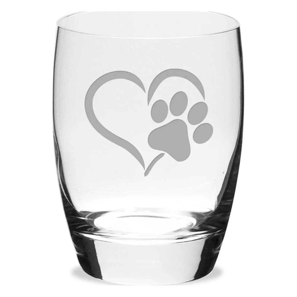 Paw Print Heart Deep Etched Luigi B Michelangelo Double Old Fashion Glass