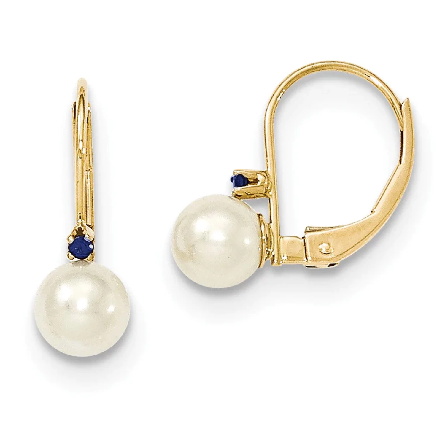 Finest GoldXLB50S-PL 14K 5-5.5 mm White Round FW Cultured Pearl Sapphire Leverback Earrings