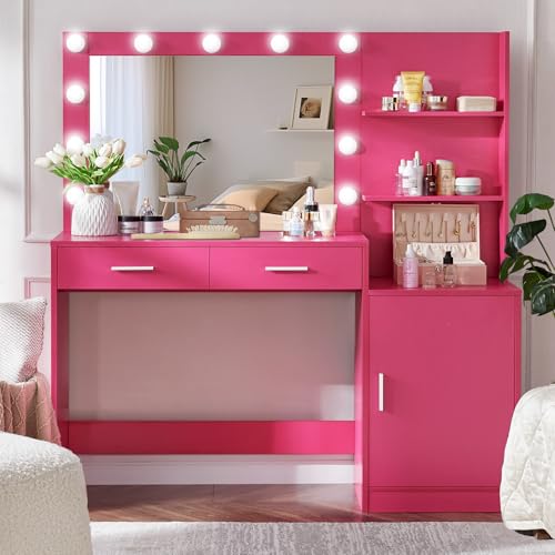 Vanity Desk with Mirror and LED Light Strip,Dressing Table with Large Drawer, 3 Level Storage Dresser & 3 Lighting Modes Adjustable Brightness, Suitable for Bedroom