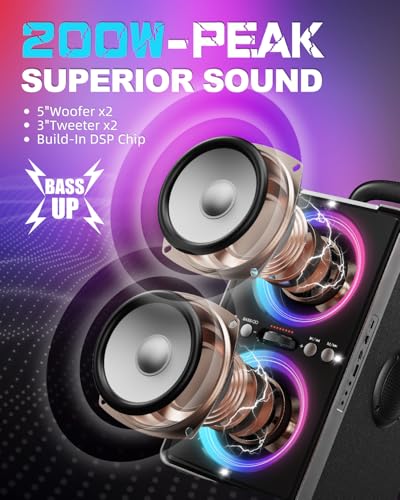 Portable Bluetooth Speaker, 200W (Peak) Loud Sound Stereo with subwoofer, Fast Charging, 20H Playtime, Wireless TWS Speakers with LED Light for Party Camping Outdoor Beach