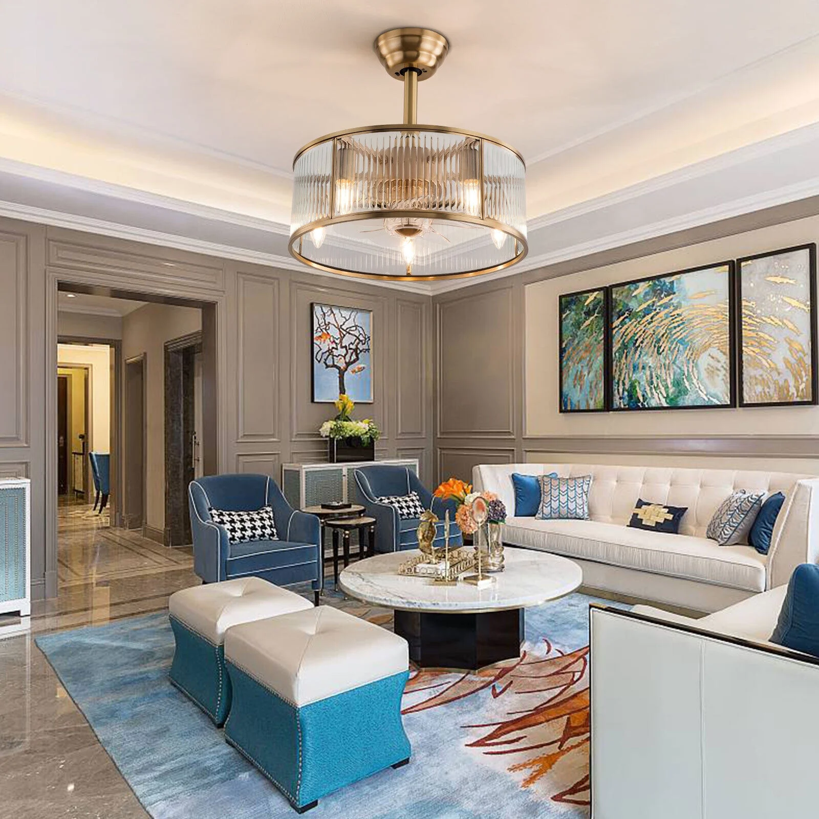 Denest 18inch Farmhouse Caged Ceiling Fan Light Gold With Remote Control For Kitchen Island