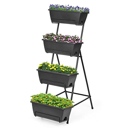 4 Tiers Vertical Raised Garden Bed, Raised Beds Elevated Planter Bed with Planter Tray for Indoor and Outdoor Flowers Herbs Vegetables, Black