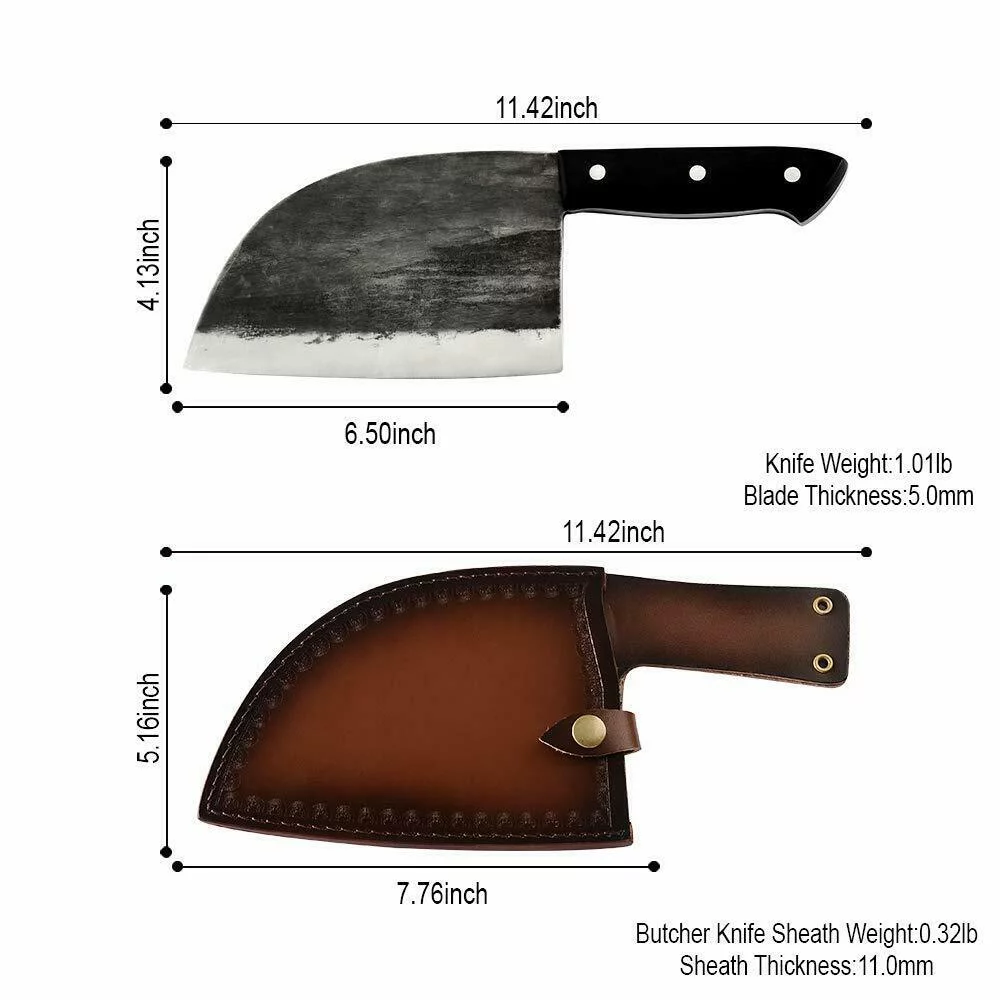 Butcher Knife 6.7 inch Sharp Meat Cleaver Hand Forged Serbian Chef Knife with Leather Sheath High Carbon Steel Cleaver Knife for Kitchen, Camping, BBQ