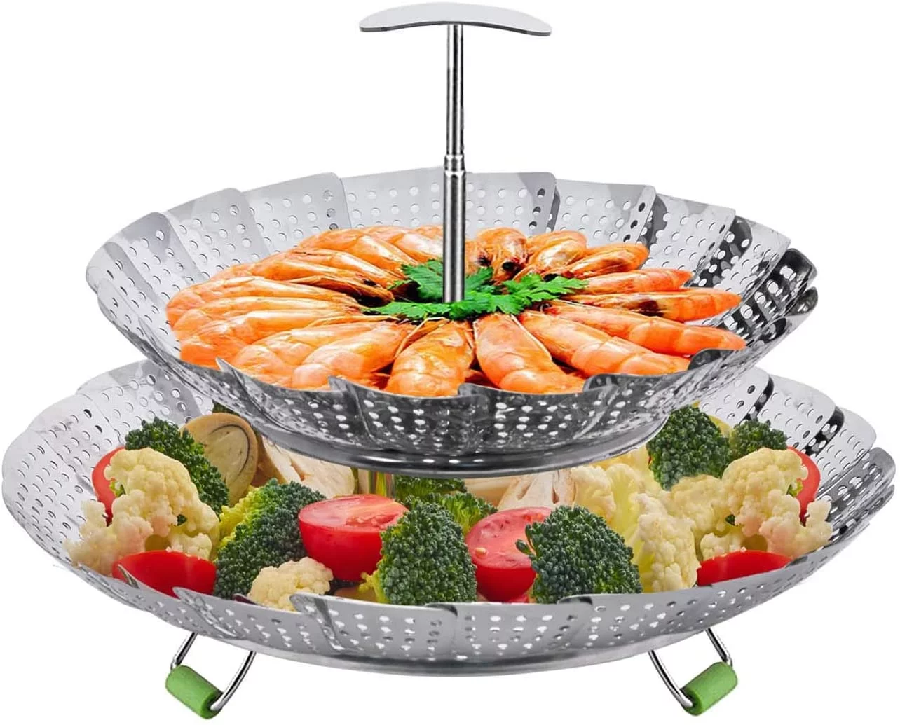 Food Steamer Basket, Double Layer Stainless Steel Kitchen Steamer Collapsible Steamer, Insert for Veggie Fish Seafood Cooking, Expandable to Fit Various Size Pot (7.5