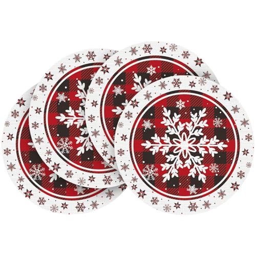 Artoid Mode Snowflakes Vinyl Christmas Placemats Set of 4, 12x18 Inch Wipeable Non-Slip PVC Place Mats for Party Kitchen Dining Decor