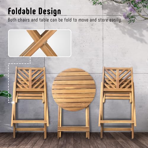 3-Piece Acacia Wood Patio Set, Foldable Bistro Table and Chairs Set of 2,Small Patio Furniture Set with Cushions,Folding Balcony Chairs Table Set for Apartment, Balcony, Deck or Porch
